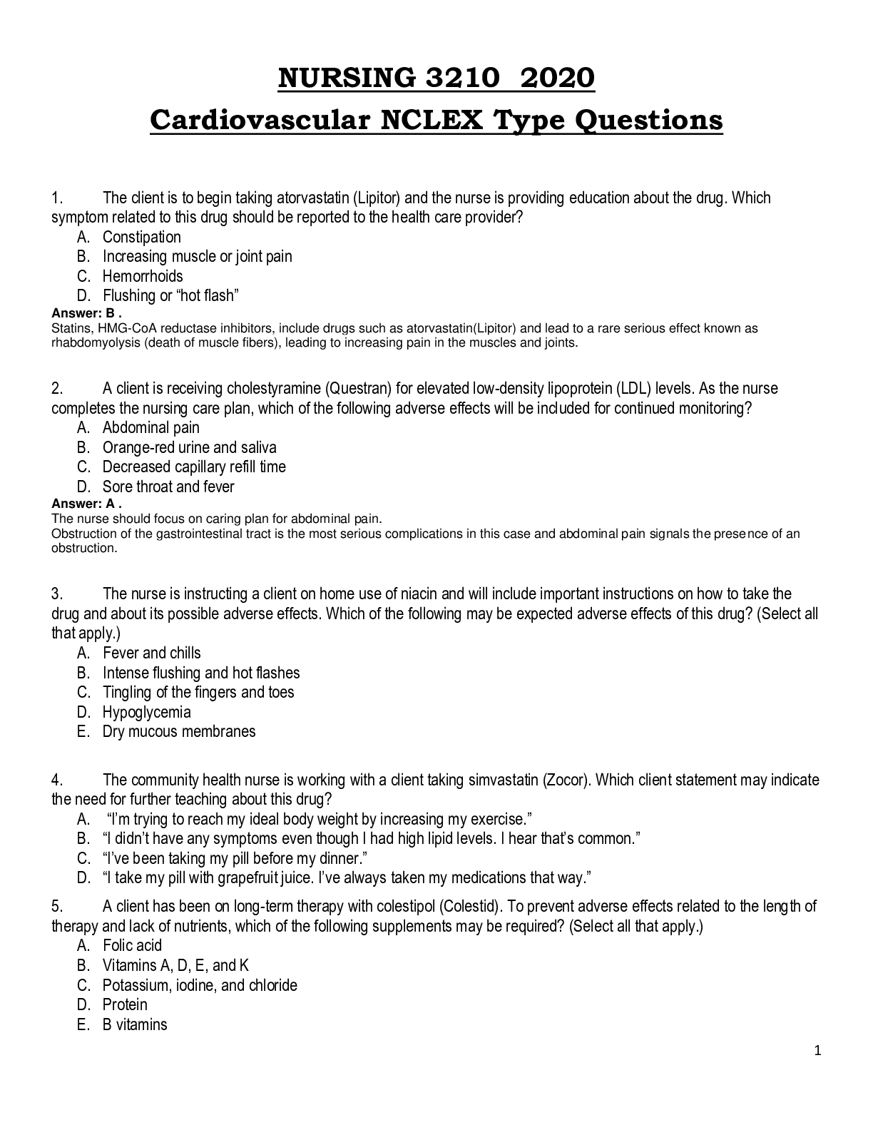 Preview of NURSING 3210 Cardiovascular NCLEX Type Questions